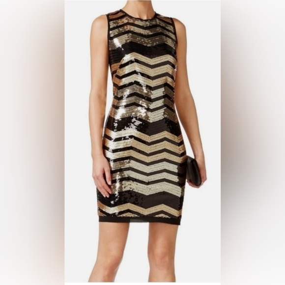 Vince Camuto Dresses & Skirts - Vince Camuto Black and Gold Sequin Chevron Mini Dress